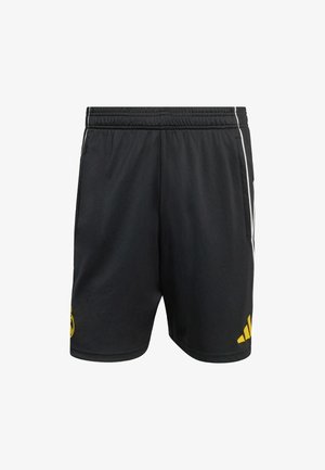 Zwarte sportshorts met geel logo en accenten. Voorzien van een elastische tailleband, zijzakken en witte streepdetails voor luchtcirculatie.