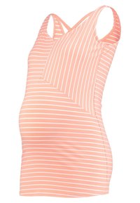 Vaaleankoralliäidin toppi valkoisilla pystysuorilla raidoilla, jossa on ristiin menevä etumuotoilu ja istuva leikkaus.