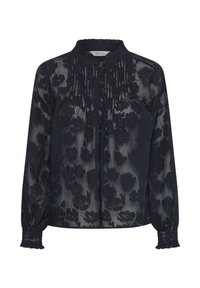 Blouse marine à manches longues en tissu transparent avec motif floral, devant plissé, col boutonné, col volanté et poignets froncés.