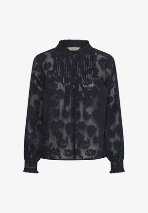 Marineblå langærmet transparent bluse med blomsterprint, plisseret front, knappet halsudskæring, flæsekant og smockede manchetter.