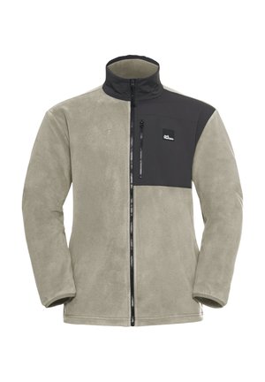 Fleece jack in lichtgrijs met een zwart paneel, met een hoge kraag, ritssluiting en zak. Zachte textuur en lichtgewicht ontwerp.