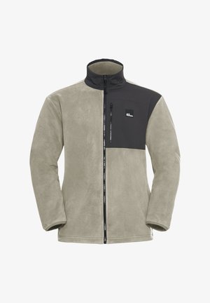 Veste en polaire gris clair avec un panneau noir, dotée d'un col montant, d'une fermeture éclair et d'une poche. Texture douce et design léger.