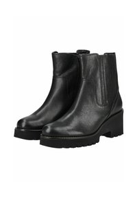 Black leather ankle boots with a sleek design, featuring elastic side panels, a chunky heel, and a textured rubber sole.