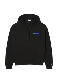 Felpa nera in tessuto misto cotone, con tasca a marsupio frontale, cappuccio con cordino e logo blu sul petto. Polsini e orlo a coste.