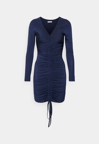 Granatowa sukienka z długim rękawem, z dekoltem w kształcie litery V i marszczoną strukturą, z sznurkiem ściągającym u dołu, pozwalającym na regulację długości. Gładki materiał.