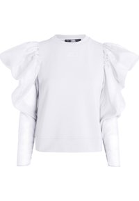 Camiseta blanca de manga larga con mangas de organza abullonadas y sutil bordado "Karl" en el pecho, con un escote redondo.