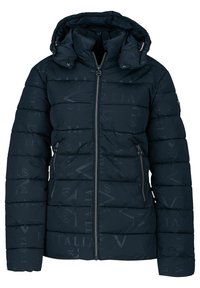 Veste rembourrée navy avec fermeture éclair à l'avant, capuche amovible, tissu texturé, avec des motifs subtils de texte 'ITALIA' et des poches latérales.