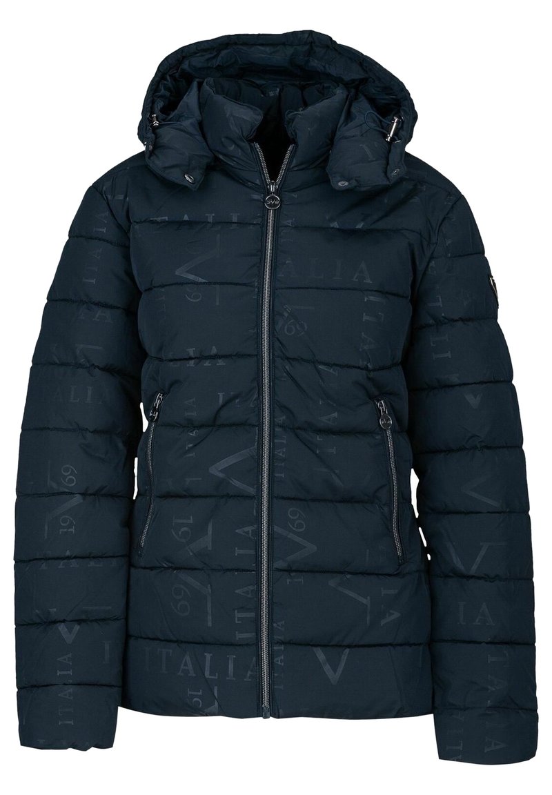 Veste rembourrée navy avec fermeture éclair à l'avant, capuche amovible, tissu texturé, avec des motifs subtils de texte 'ITALIA' et des poches latérales.
