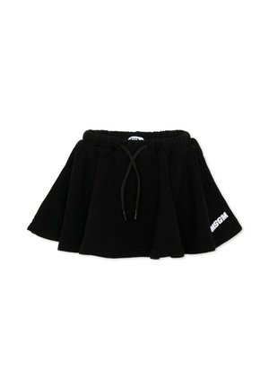 Minigonna nera a campana con fascia elastica in vita e coulisse, con logo bianco "MSGM" sull'orlo laterale.