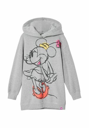 Sudadera con capucha de color gris claro con un gran ratón de dibujos animados en la parte delantera, que lleva zapatos rojos, un lazo amarillo y una flor rosa.