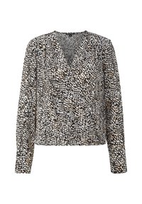 Blouse à manches longues avec motif abstrait de points noirs, blancs et beiges et col en V.