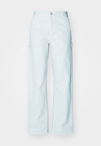 Light blue cargo pants made of cotton, featuring a relaxed fit, side pockets, and a button closure. Smooth texture with minimal detailing.