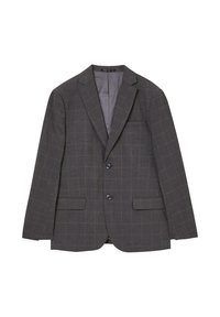 Blazer a scacchi grigio con abbottonatura a due bottoni, revers a listino e tasche frontali. Realizzato in un tessuto testurizzato con una fodera interna liscia.