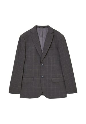 Blazer à carreaux gris avec un devant à deux boutons, des revers en pointe et des poches avant. Fabriqué dans un tissu texturé avec une doublure intérieure lisse.