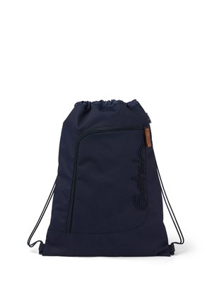Navy blue drawstring backpack with front zip pocket and "Satch" logo, suitable for casual use or sports activities.