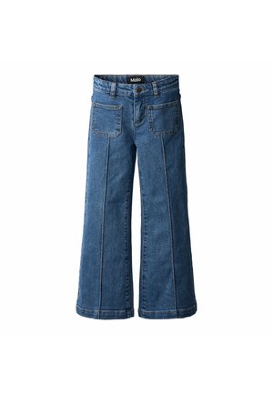 Bredde ben blå denim bukser med høy midje, fremtredende sømmer og to baklommer. Stoffet har en glatt tekstur. Merkeetikett: Molo.
