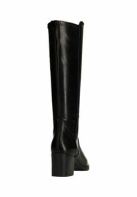 Black leather knee-high boots with a rounded toe, block heel, and a smooth finish. Features a zipper closure along the inside seam.