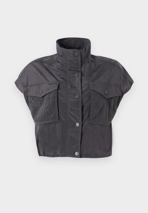 Short gray cropped jacket with a high collar, short sleeves, button closure, and two chest pockets. Made from a wrinkled, textured fabric.