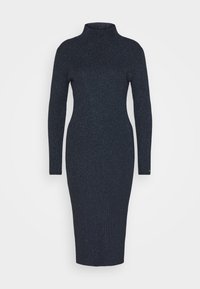 Neule midi-asu tummansinisestä langasta, jossa on korkea kaulus ja pitkät hihat. Ominaisuuksia ovat teksturoitu, kimalteleva kangas lisäyksinä.