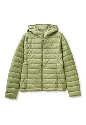 Lichtgroene gewatteerde jas met lange mouwen, ritssluiting aan de voorkant, twee zijzakken en een capuchon, afgebeeld tegen een witte achtergrond.