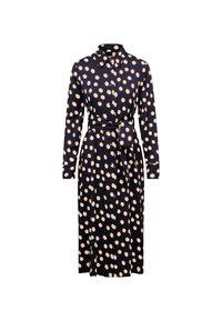Largo vestido azul marino con cuello, lunares blancos y naranjas, cierre de botones en la parte delantera y un cinturón a juego que acentúa la cintura.