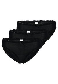 Schwarze Damenunterhosen mit Spitzenbesatz, aus einem weichen Stoff, mit mittlerem Bund und kleinen Schleifenakzenten auf der Vorderseite, verkauft im Dreierpack.