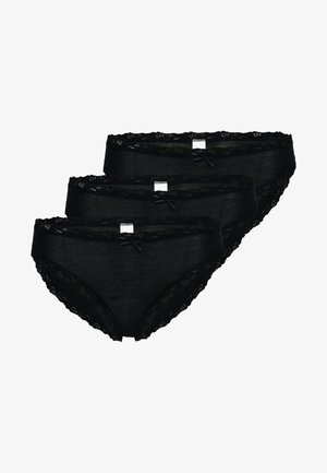 Black lace-trimmed women's briefs, featuring a soft fabric, mid-rise design, and small bow accents on the front, sold in a pack of three.