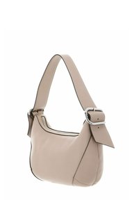 Sac à épaule en cuir beige de forme arrondie, avec une large bandoulière dotée d'une boucle en métal argenté et un piping noir contrastant le long des bords.