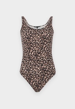 Leopard-print one-piece swimsuit in shades of beige and black. Features a scoop neck, tank straps, and a high-cut leg design. Smooth fabric texture.