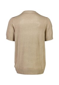 Beige kortärmad tröja med krage, slät textur, ribbat avslut och en avslappnad passform.