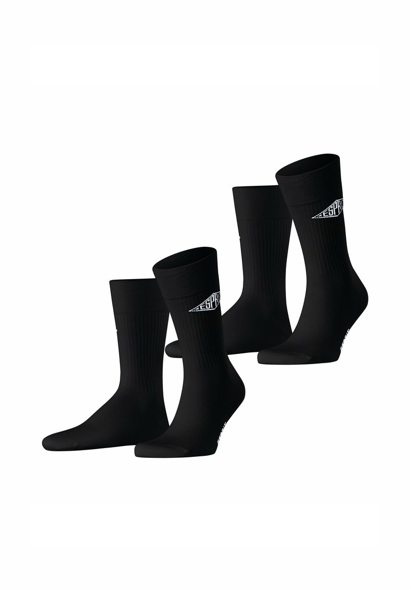 Schwarze Sportsocken, gerippter Design, mittlere Schafthöhe, mit einem weißen Logo-Detail auf einer Seite. Glatte Textur, vier Paare angezeigt.