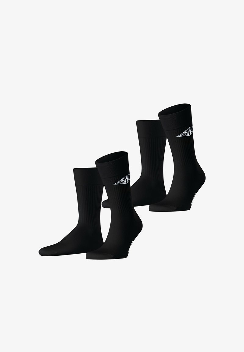 Schwarze Sportsocken, gerippter Design, mittlere Schafthöhe, mit einem weißen Logo-Detail auf einer Seite. Glatte Textur, vier Paare angezeigt.