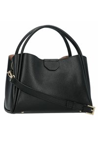 Borsa a tracolla in pelle nera texture, con doppio manico e una tracolla regolabile. Presenta una chiusura superiore e una base piatta.