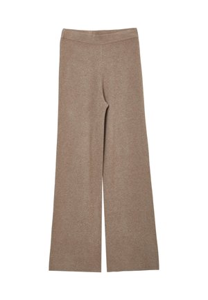 Beige weit geschnittene Strickhose mit elastischem Bund, geradem Schnitt und weicher Textur, flach auf einem weißen Hintergrund präsentiert.