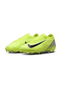 Limoengroene voetbalschoenen met een gestructureerde bovenkant, zwart swoosh-logo en zilveren accenten. Voorzien van conische noppen voor grip.
