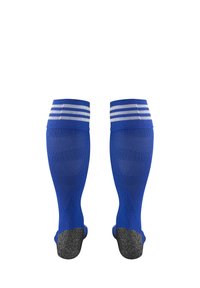 Calze blu fino al ginocchio con strisce bianche in alto e una sezione nera testurizzata sul tallone. Realizzate in un materiale morbido ed elastico.