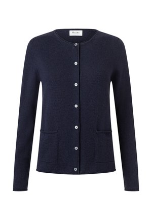 Dunkel marineblauer gestrickter Cardigan mit langen Ärmeln, rundem Ausschnitt, Knopfleiste vorne und zwei aufgesetzten Taschen vorne.