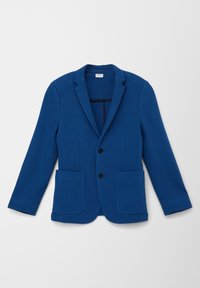 Niebieski marynarka z teksturowanej tkaniny, z klapami w kształcie na notched, dwoma przednimi kieszeniami i czarnymi guzikami. Slim fit, z długimi rękawami.