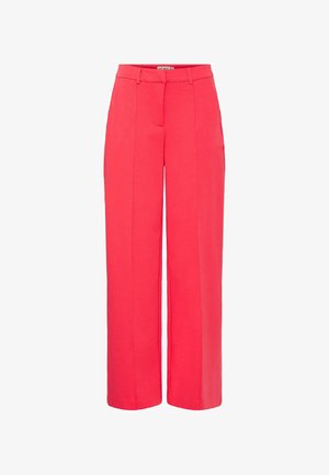 Erksad punased, laiad püksid siledast kangast, millel on struktureeritud vöökoht ja kaks esikotti. Kohandatud disain, ilma nähtavate mustriteta.