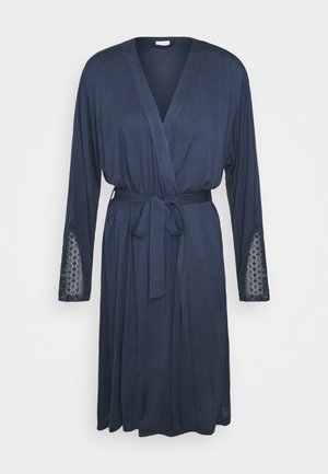 Navy blue robe made of soft fabric, featuring a waist tie, long sleeves with lace accents, and a relaxed cut.