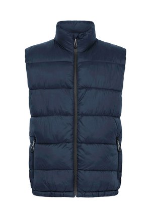 Gepolsterte marineblaue Weste mit hohem Kragen, Frontreißverschluss und zwei Seitentaschen. Ausgestattet mit horizontaler Steppung zur Isolierung. Leichtes Material.