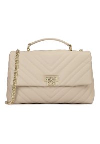 Beige steppelt kézi táska láncos pánttal, tetején fogantyúval és arany színű záróval. A design csepp mintázattal és texturált felülettel rendelkezik.