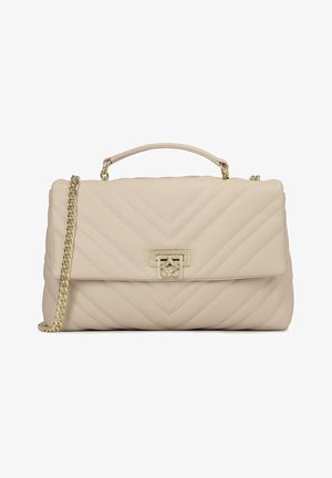 Beige izšūta rokas soma ar ķēdes siksnu, ar augšējo rokturi un zelta krāsas aizdari. Dizainā ir iekļauta čupainā raksts un teksturēta apdare.