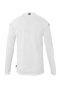 Chemise blanche à manches longues en matière lisse et légère. Dotée d'un col rond et d'accents noirs sur les épaules. Texture subtile.