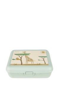 Hellgrünes Lunchbox mit einer Illustration eines Giraffen und eines Löwen auf dem Deckel, unter einer hellen Sonne und Akazienbäumen.