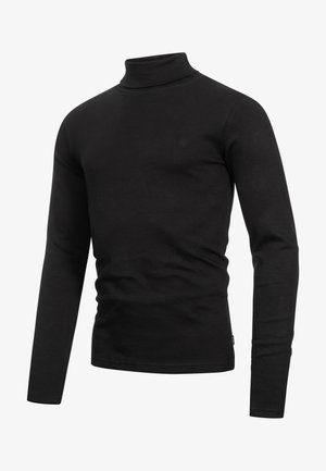 Camisa de cuello alto negra, confeccionada con un tejido suave, que presenta mangas largas y un diseño ajustado. Detalle sutil del logo en el pecho.