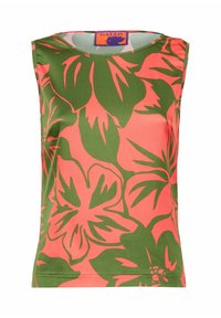 Top senza maniche di un vivace rosa con grandi motivi floreali verdi. Realizzato in tessuto morbido, con scollatura rotonda e orlo cucito.