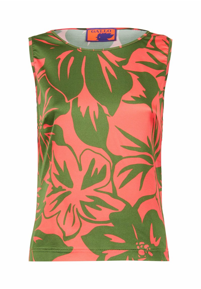 Top senza maniche di un vivace rosa con grandi motivi floreali verdi. Realizzato in tessuto morbido, con scollatura rotonda e orlo cucito.