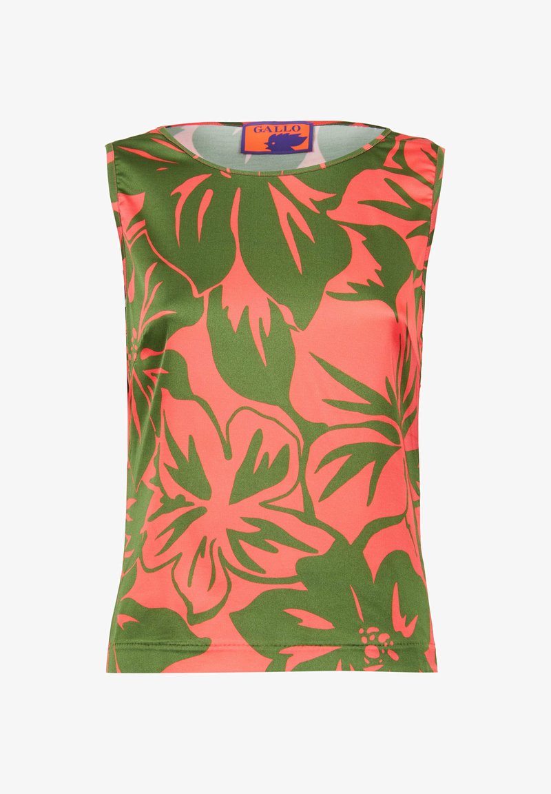Top senza maniche di un vivace rosa con grandi motivi floreali verdi. Realizzato in tessuto morbido, con scollatura rotonda e orlo cucito.