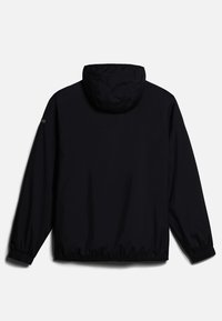 Czarna kurtka z kapturem, z długimi rękawami i elastycznymi mankietami, widoczna z tyłu na jednolitym białym tle.